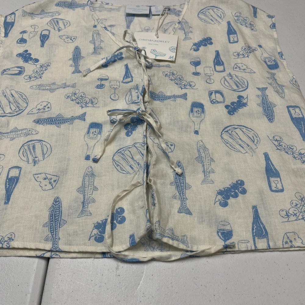 Cynthia Rowley Top White Linen Blue Italian Wine Print L Euro Summer Vacation - Picture 12 of 16